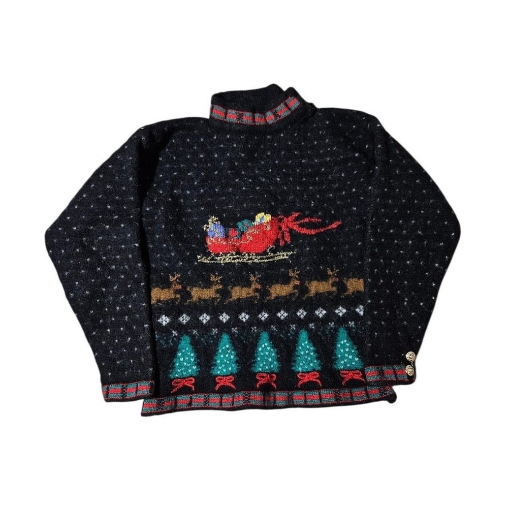 Vintage Deans of Scotland 100%‎ WOOL Hand-Knit Christmas Scene Sweater Size XS-S